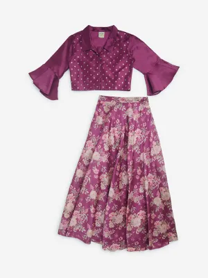 Utsa Kids Wine Floral Embellished Choli and Ghagra Set - (8-14yrs)