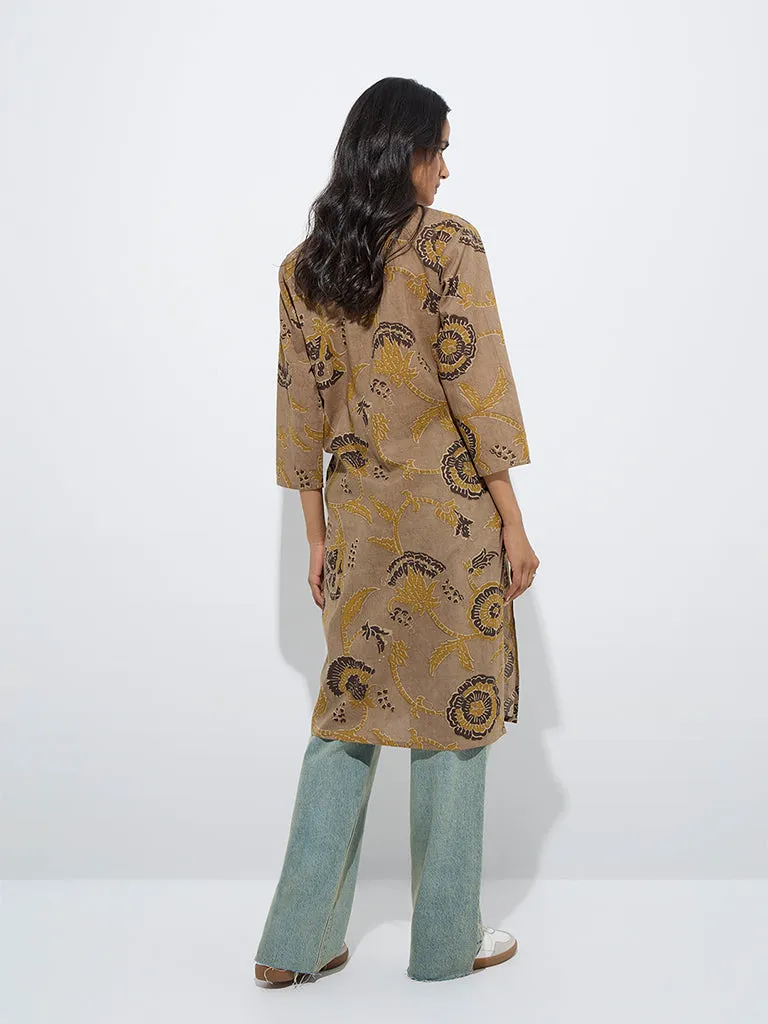 Utsa Taupe Floral Printed Straight Cotton Kurta