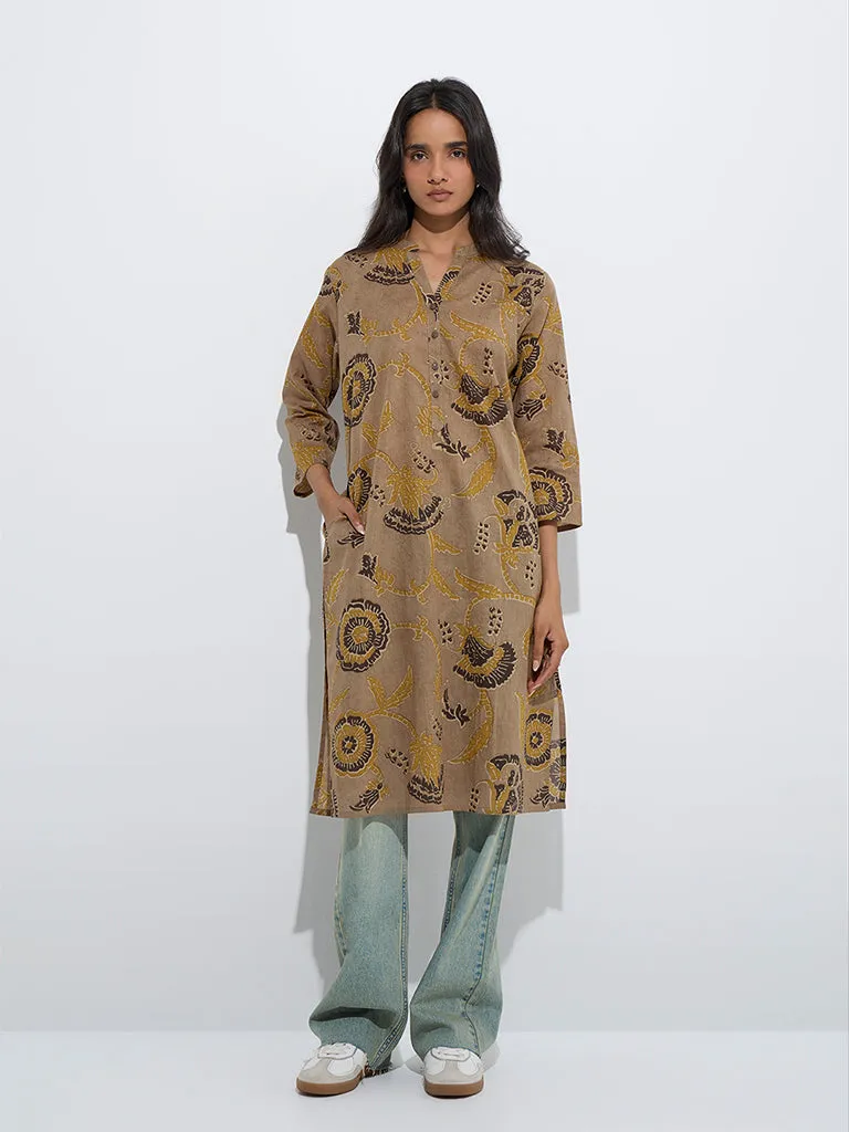 Utsa Taupe Floral Printed Straight Cotton Kurta