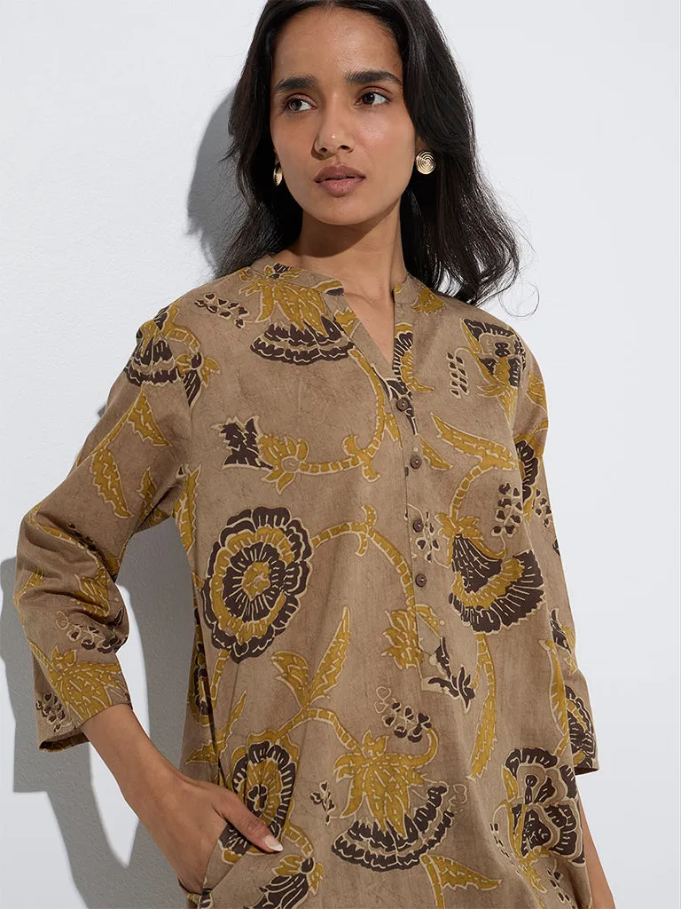 Utsa Taupe Floral Printed Straight Cotton Kurta