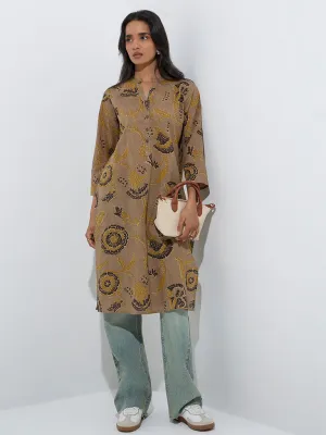 Utsa Taupe Floral Printed Straight Cotton Kurta