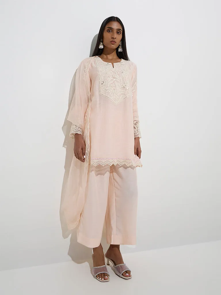 Vark Light Pink Straight Kurti. Palazzos and Dupatta Set