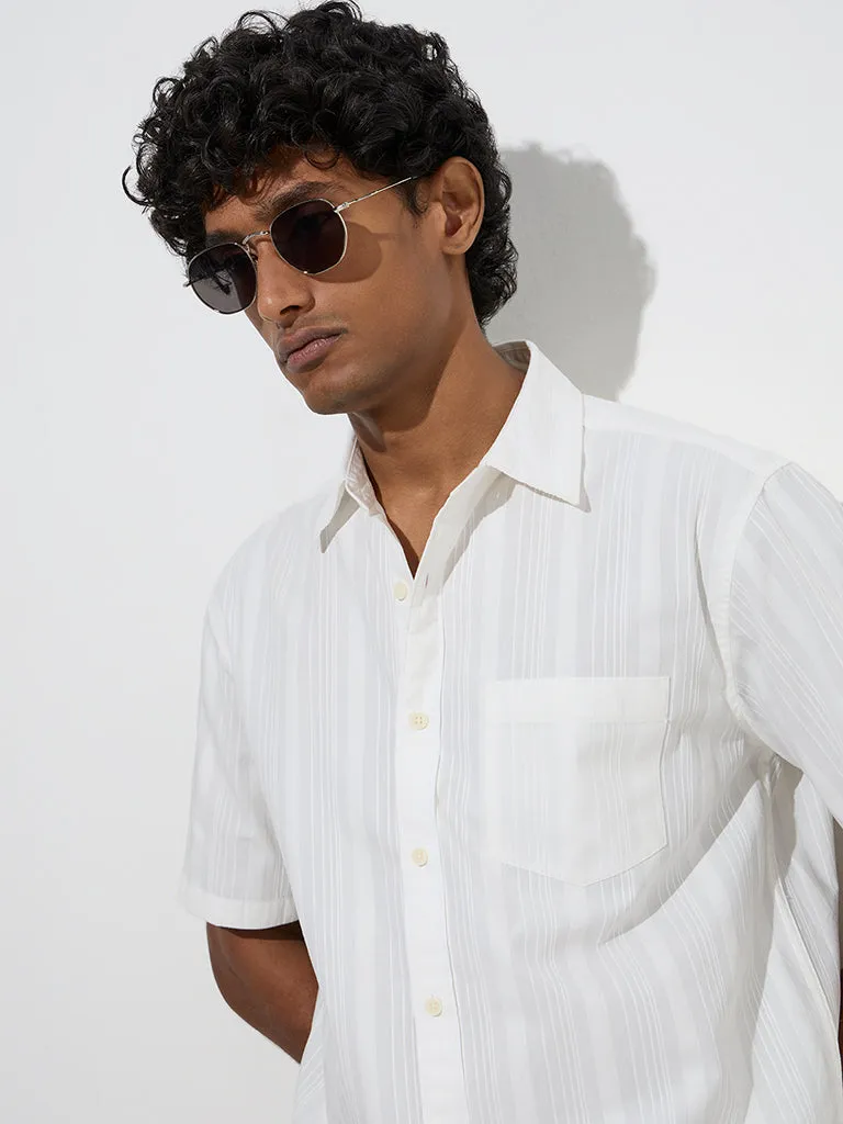 WES Casuals White Self-Striped Relaxed-Fit Cotton Shirt