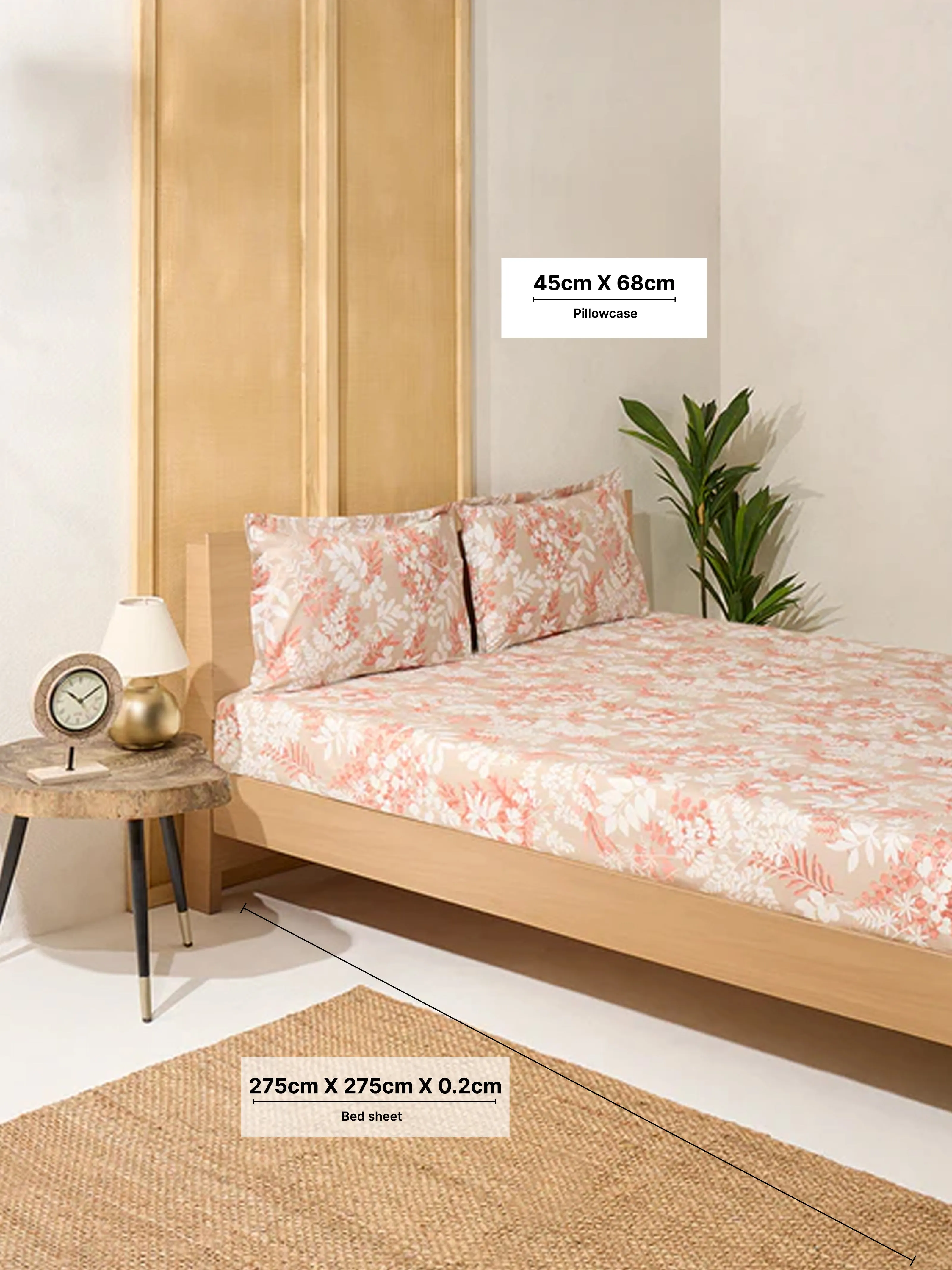 Westside Home Beige Botanical King Bed Flat Sheet and Pillowcase Set