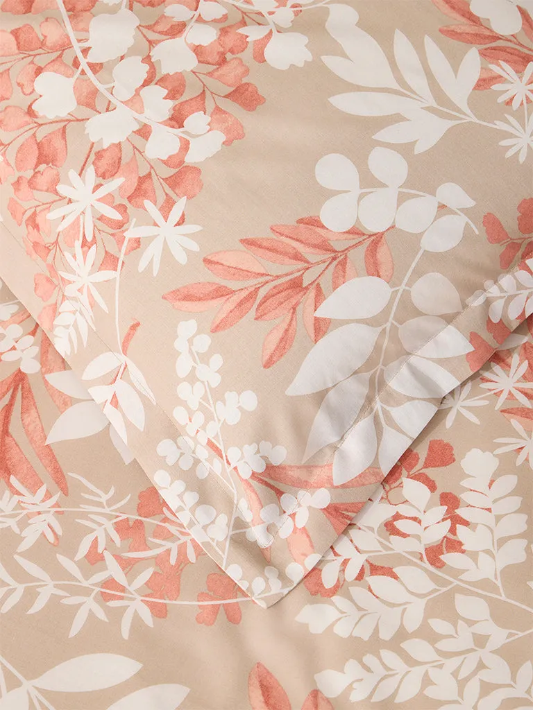 Westside Home Beige Botanical King Bed Flat Sheet and Pillowcase Set