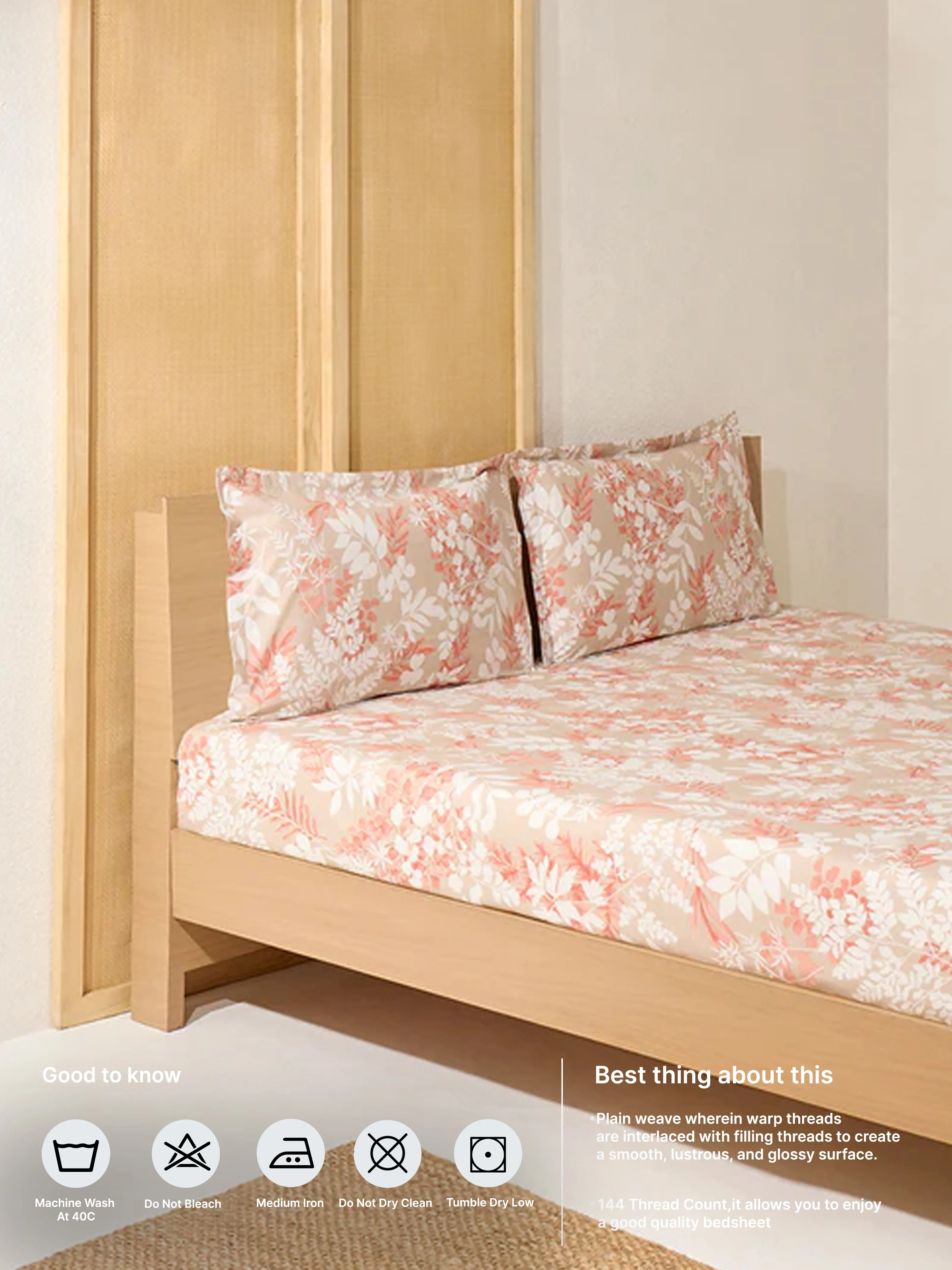 Westside Home Beige Botanical King Bed Flat Sheet and Pillowcase Set