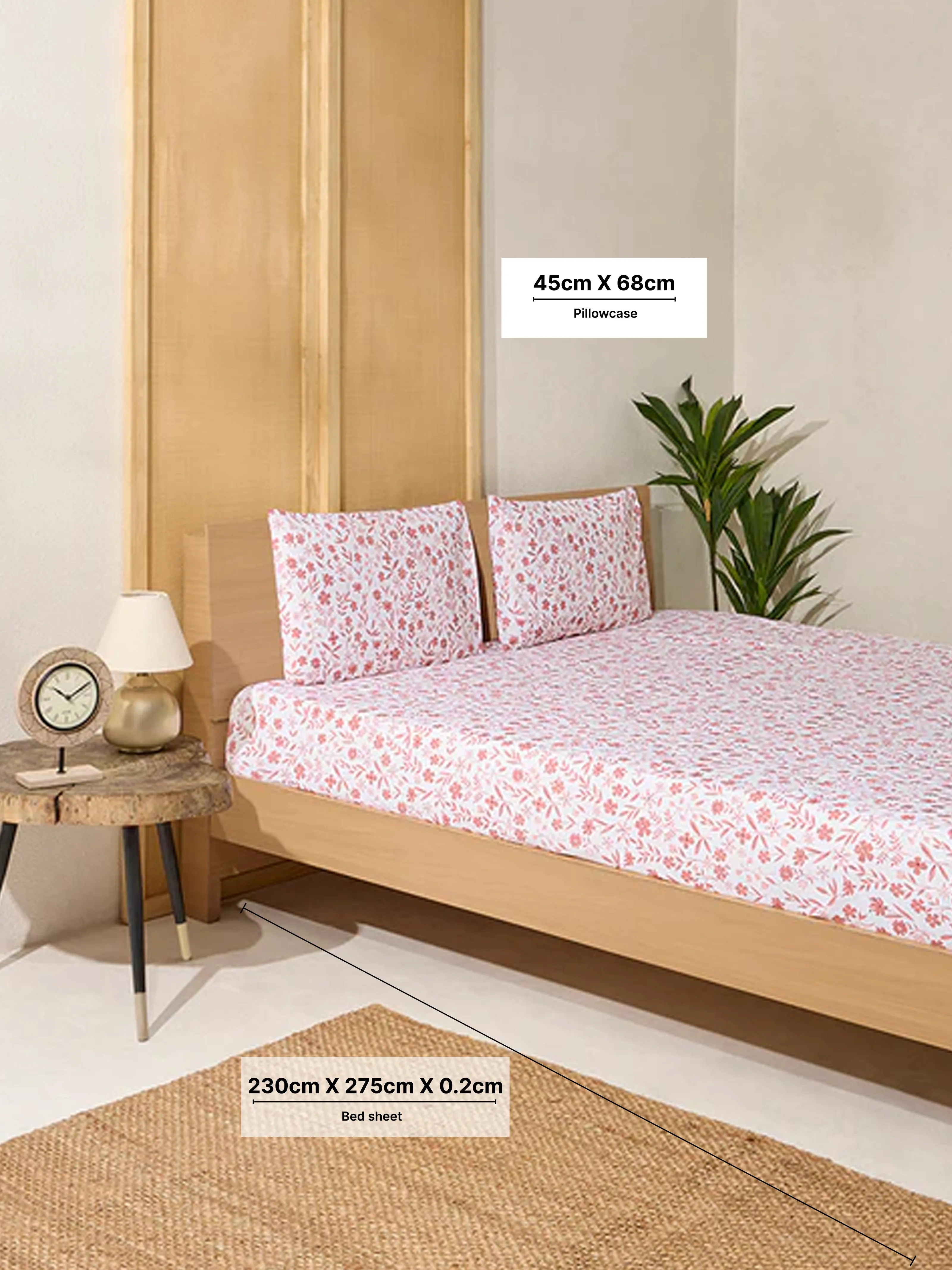 Westside Home Pink Floral Print Queen Bed Flat Sheet and Pillowcase Set