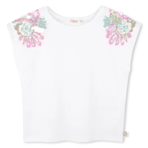 White Floral Sequin Shoulder Embellished T-Shirt