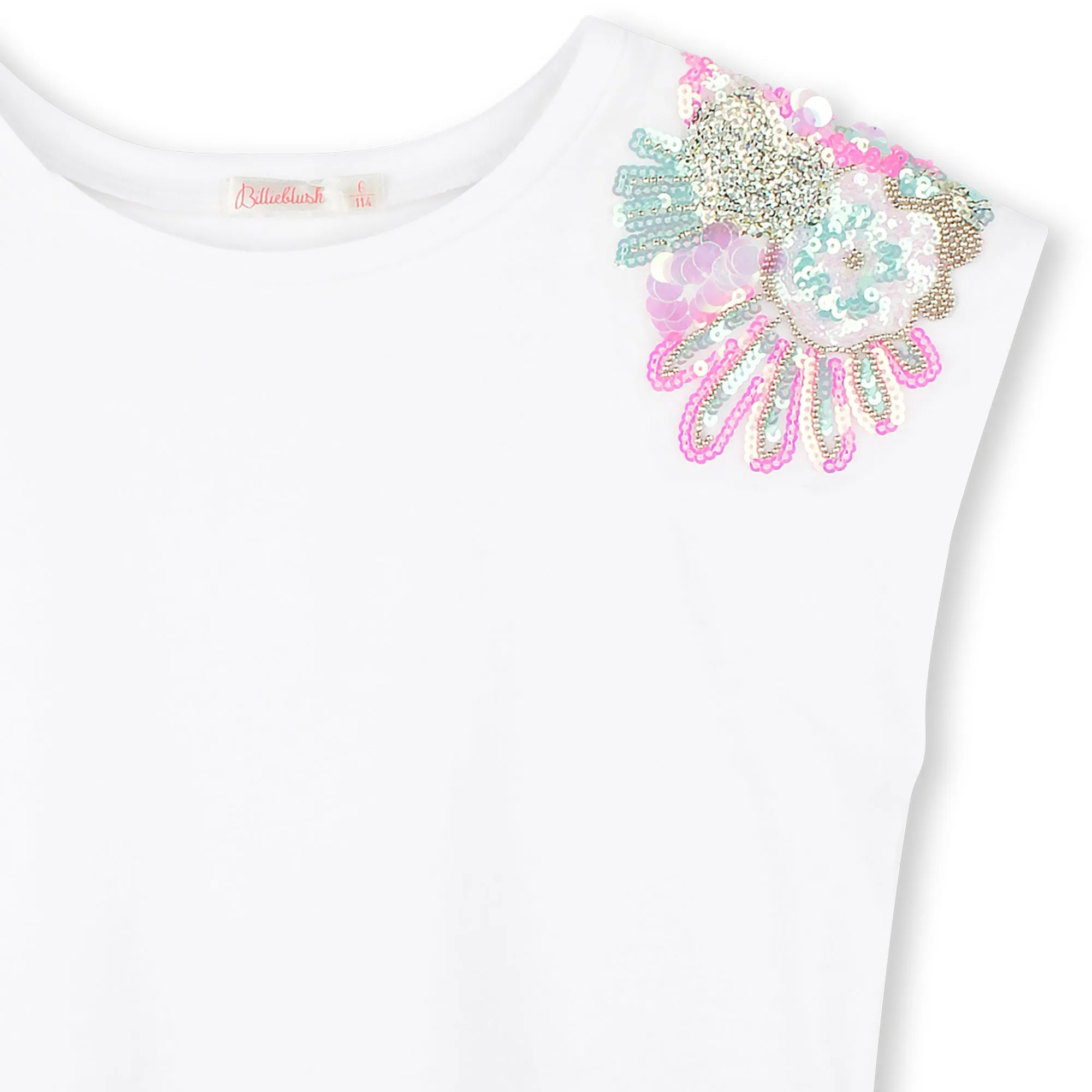 White Floral Sequin Shoulder Embellished T-Shirt