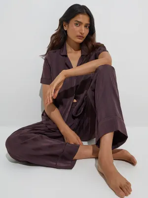 Wunderlove Brown Self-Striped Cotton Shirt with Pyjamas Set