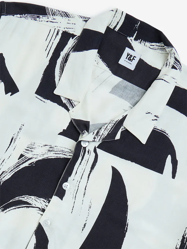 Y&F Kids White Abstract Printed Resort-Fit Shirt